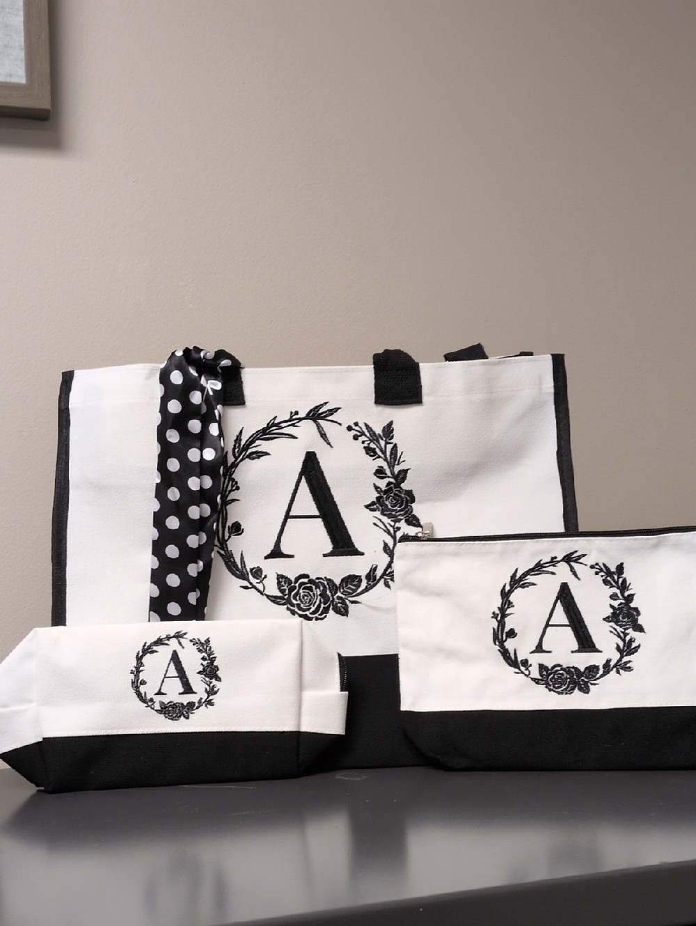 Black & White Floral-Lined Tote Bag